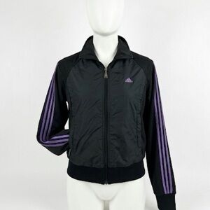 Vintage Y2K Adidas Women's Black Windbreaker Jacket with Three Purple Stripes